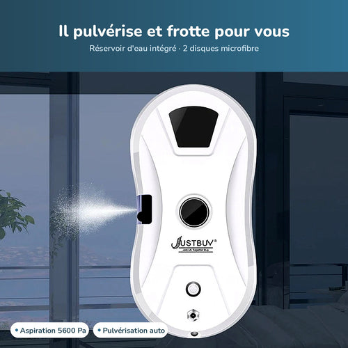 Le robot pulvérise de l'eau et frotte la vitre avec 2 disques microfibre
