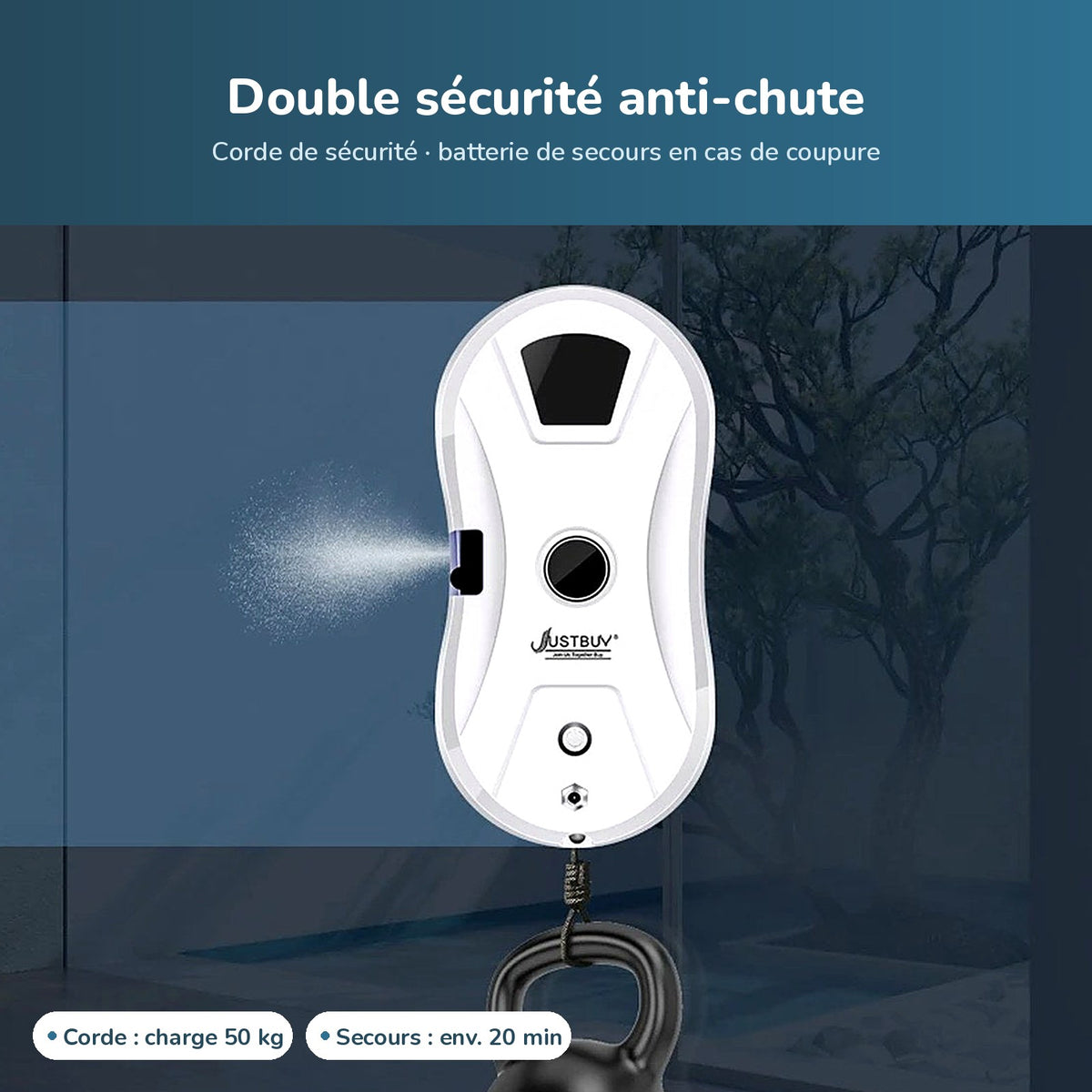 Double sécurité : corde de sécurité (charge 50 kg) et batterie de secours