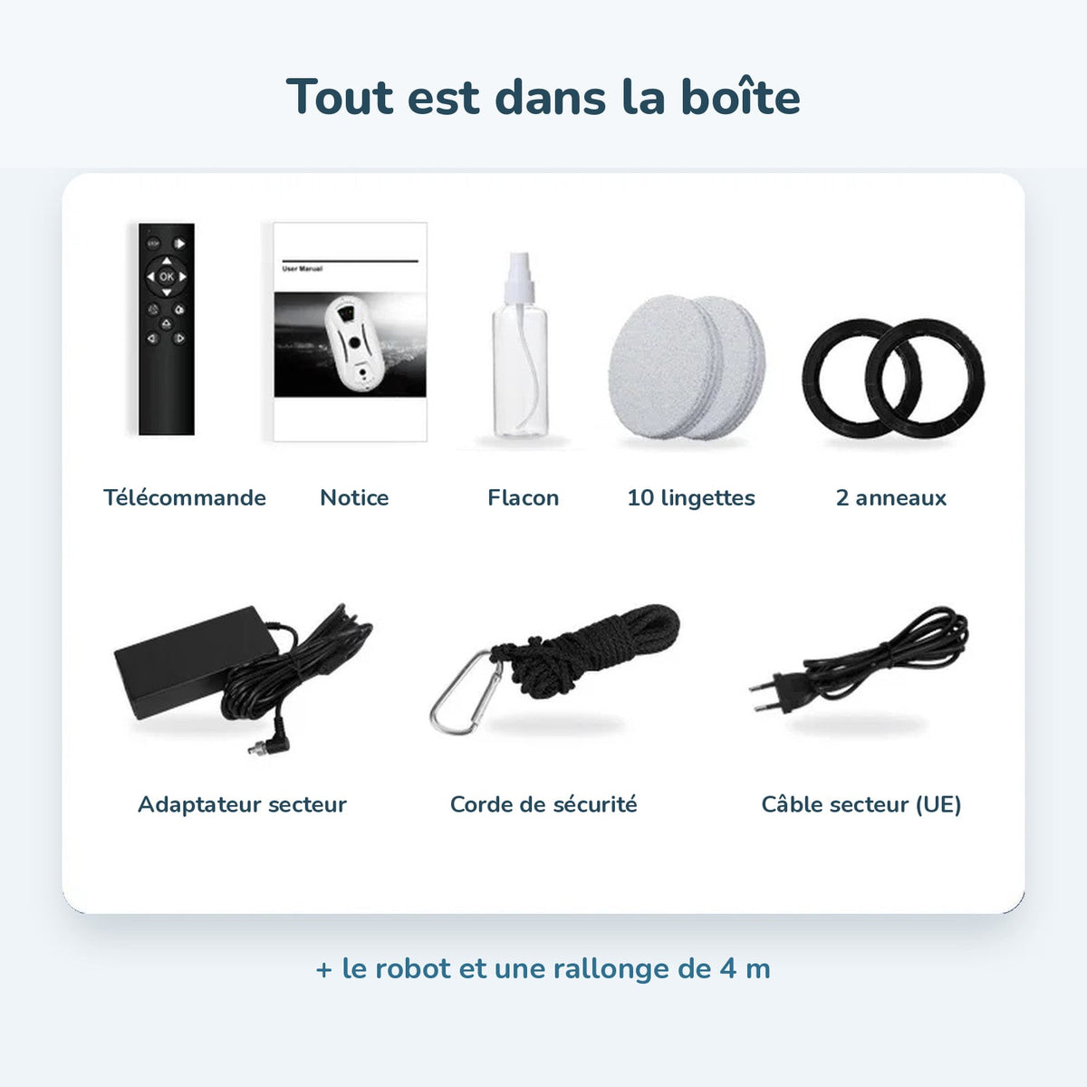 Contenu de la boîte : télécommande, notice, flacon, 10 lingettes, 2 anneaux, adaptateur, corde de sécurité, câble